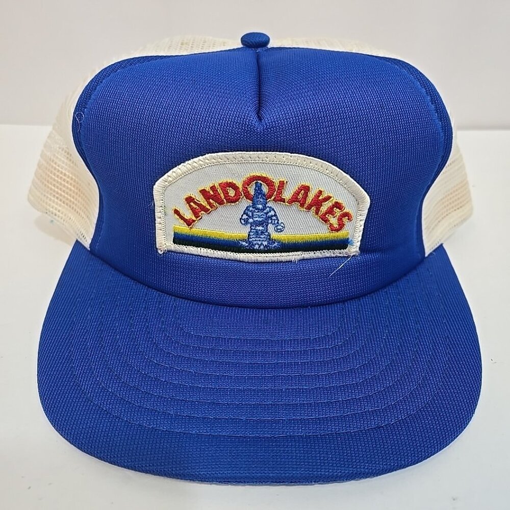 Vintage Land O' Lakes Trucker Hat Patch Blue Snapback Mesh Agriculture Indian MN